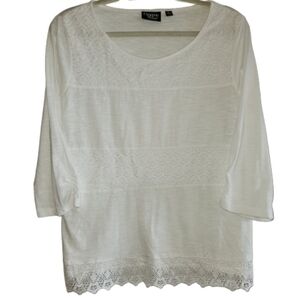 Onque Casual White Crochet Lace Detail Women's Top Size L 3/4 Sleeve Cottagecore